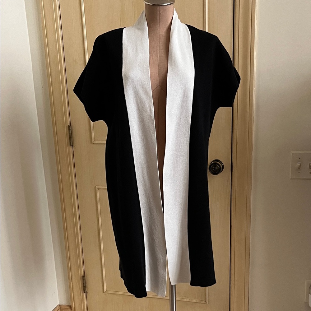 CHICO'S Minimalist Lagenlook Career Knit B & W Open Front Cap SLV Sweater SZ XL